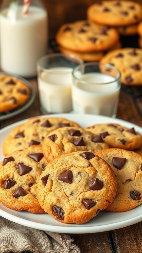 A plate of classic chocolate chip cookies with glass of milk on a rustic table.